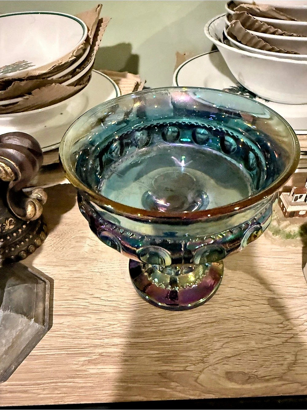 Indiana Glass King's Crown Thumbprint Blue Carnival Glass Compote Blue & Green